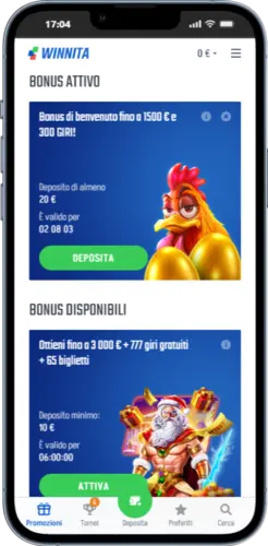 Sezione bonus attivi e disponibili su Winnita Casino mobile per giocatori italiani