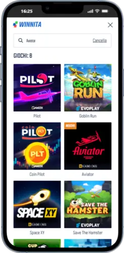 Ricerca del gioco Aviator nel catalogo di Winnita Casino per mostrare dove giocare ad Aviator in Italia