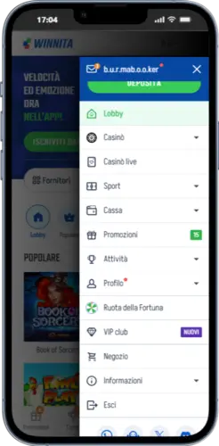 Menu principale di Winnita Casino su dispositivo mobile con accesso a casinò, conto e promozioni