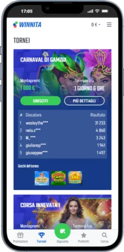 Pagina tornei di Winnita Casino su smartphone con classifica e pulsante di partecipazione